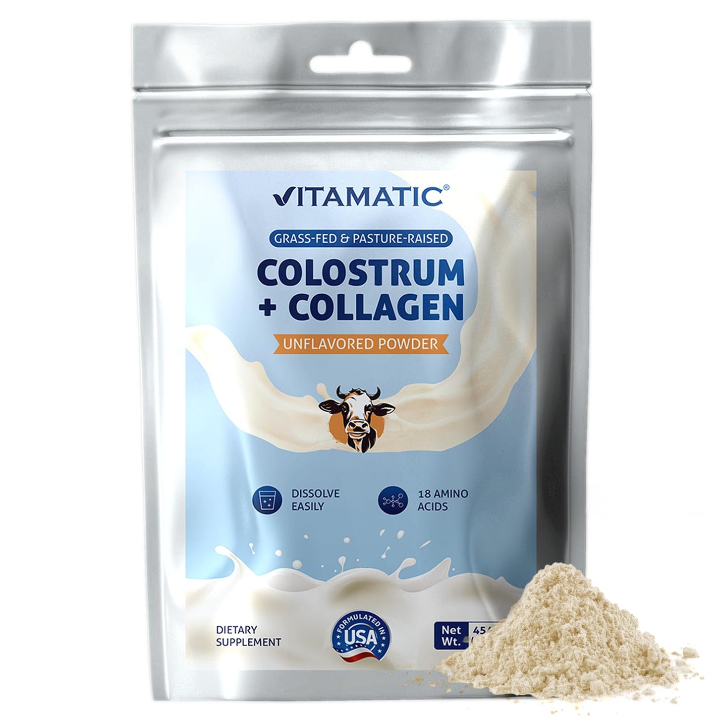 Vitamatic Bovine Colostrum + Collagen Powder - Supplement for Gut Health, Hair Growth, Beauty, Muscle Recovery, & Immune Support - Easy to Mix - Unflavored - 454 Gram, (16 oz) - dailyvitalstore