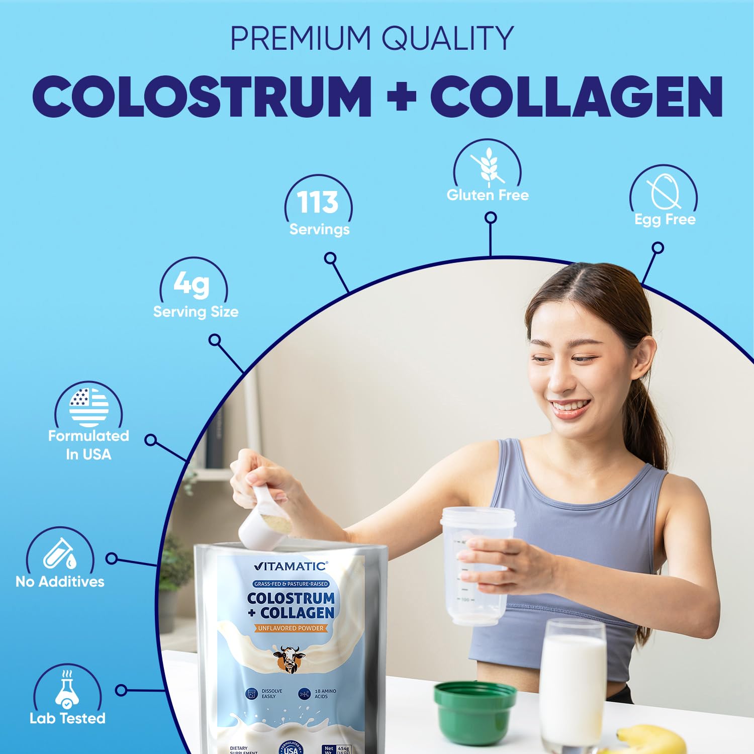 Vitamatic Bovine Colostrum + Collagen Powder - Supplement for Gut Health, Hair Growth, Beauty, Muscle Recovery, & Immune Support - Easy to Mix - Unflavored - 454 Gram, (16 oz) - dailyvitalstore
