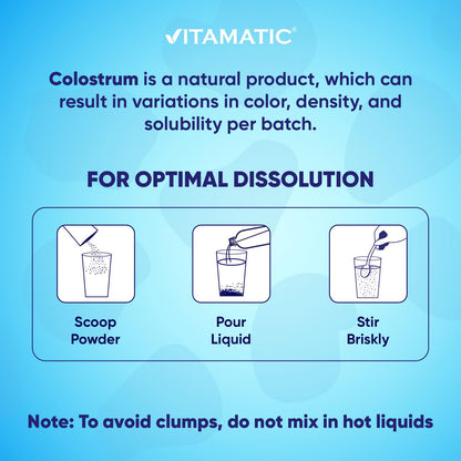 Vitamatic Bovine Colostrum + Collagen Powder - Supplement for Gut Health, Hair Growth, Beauty, Muscle Recovery, & Immune Support - Easy to Mix - Unflavored - 454 Gram, (16 oz) - dailyvitalstore