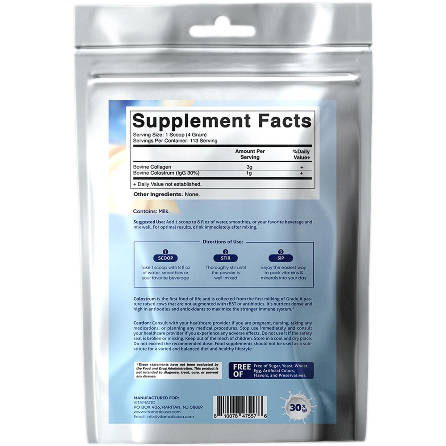Vitamatic Bovine Colostrum + Collagen Powder - Supplement for Gut Health, Hair Growth, Beauty, Muscle Recovery, & Immune Support - Easy to Mix - Unflavored - 454 Gram, (16 oz) - dailyvitalstore