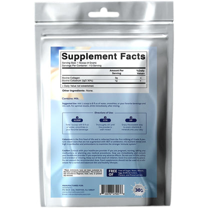 Vitamatic Bovine Colostrum + Collagen Powder - Supplement for Gut Health, Hair Growth, Beauty, Muscle Recovery, & Immune Support - Easy to Mix - Unflavored - 454 Gram, (16 oz) - dailyvitalstore