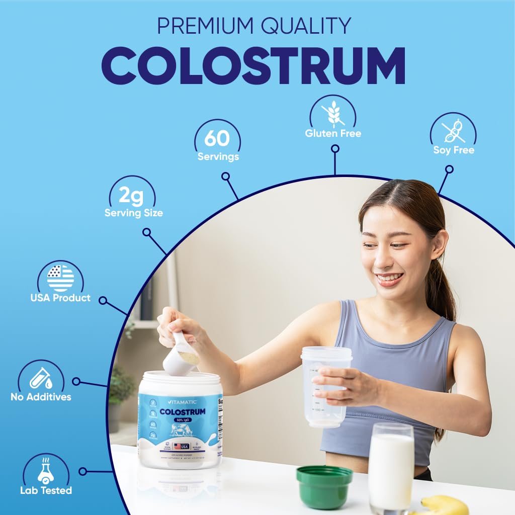 Vitamatic Bovine Colostrum Powder - 50% Highest IgG -120 Gram - Supplement for Gut Health, Hair Growth, Beauty, Muscle Recovery, & Immune Support - Easy to Mix - Unflavored - 60 Servings - dailyvitalstore