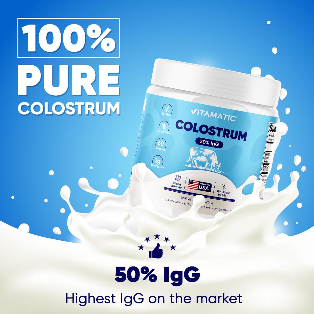Vitamatic Bovine Colostrum Powder - 50% Highest IgG -120 Gram - Supplement for Gut Health, Hair Growth, Beauty, Muscle Recovery, & Immune Support - Easy to Mix - Unflavored - 60 Servings - dailyvitalstore