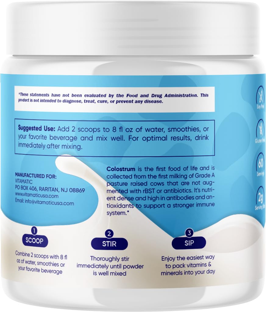 Vitamatic Bovine Colostrum Powder - 50% Highest IgG -120 Gram - Supplement for Gut Health, Hair Growth, Beauty, Muscle Recovery, & Immune Support - Easy to Mix - Unflavored - 60 Servings - dailyvitalstore