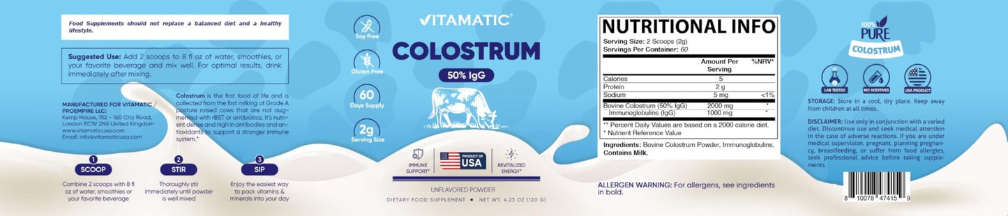 Vitamatic Bovine Colostrum Powder - 50% Highest IgG -120 Gram - Supplement for Gut Health, Hair Growth, Beauty, Muscle Recovery, & Immune Support - Easy to Mix - Unflavored - 60 Servings - dailyvitalstore