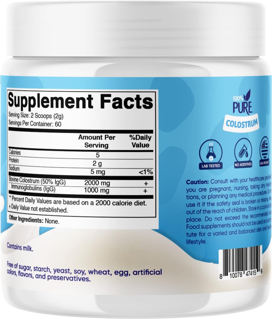 Vitamatic Bovine Colostrum Powder - 50% Highest IgG -120 Gram - Supplement for Gut Health, Hair Growth, Beauty, Muscle Recovery, & Immune Support - Easy to Mix - Unflavored - 60 Servings - dailyvitalstore