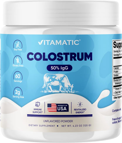Vitamatic Bovine Colostrum Powder - 50% Highest IgG -120 Gram - Supplement for Gut Health, Hair Growth, Beauty, Muscle Recovery, & Immune Support - Easy to Mix - Unflavored - 60 Servings - dailyvitalstore