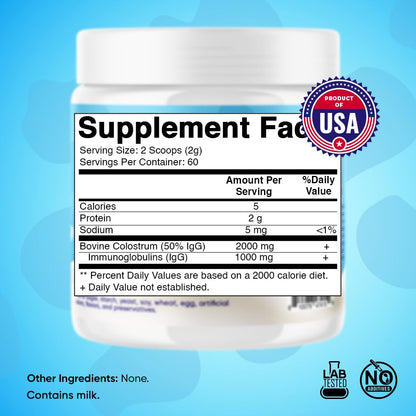 Vitamatic Bovine Colostrum Powder - 50% Highest IgG -120 Gram - Supplement for Gut Health, Hair Growth, Beauty, Muscle Recovery, & Immune Support - Easy to Mix - Unflavored - 60 Servings - dailyvitalstore