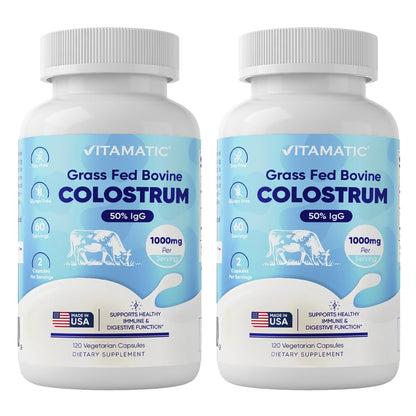 Vitamatic Bovine Colostrum Supplement 1000 mg per Serving - 50% Highest IgG - Supplement for Gut Health, Hair Growth, Beauty, Muscle Recovery, & Immune Support - 120 Capsules - 2 Pack - dailyvitalstore