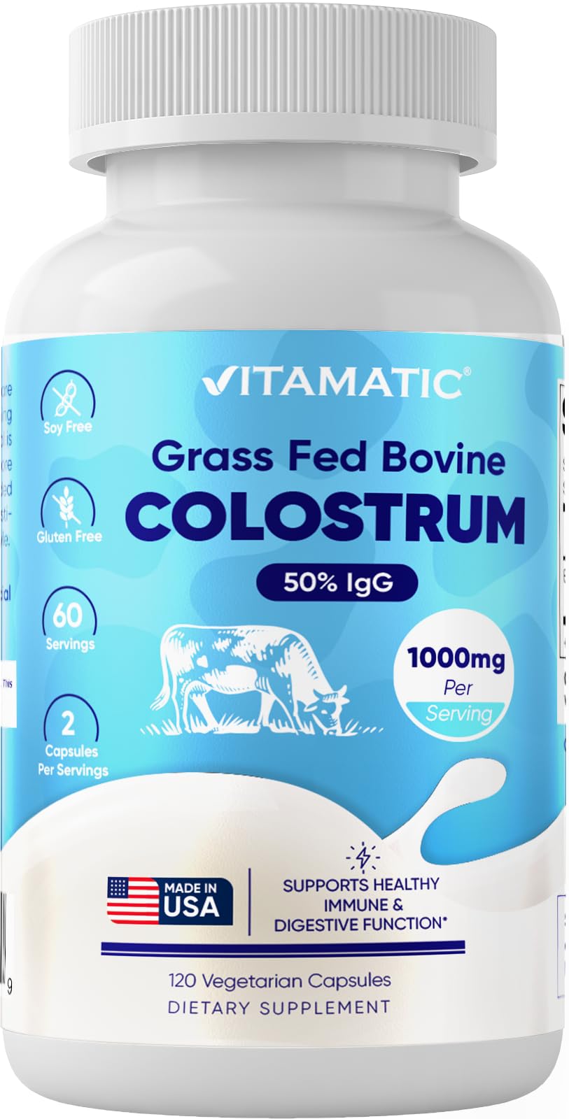 Vitamatic Bovine Colostrum Supplement 1000 mg per Serving - 50% Highest IgG - Supplement for Gut Health, Hair Growth, Beauty, Muscle Recovery, & Immune Support - 120 Capsules - dailyvitalstore