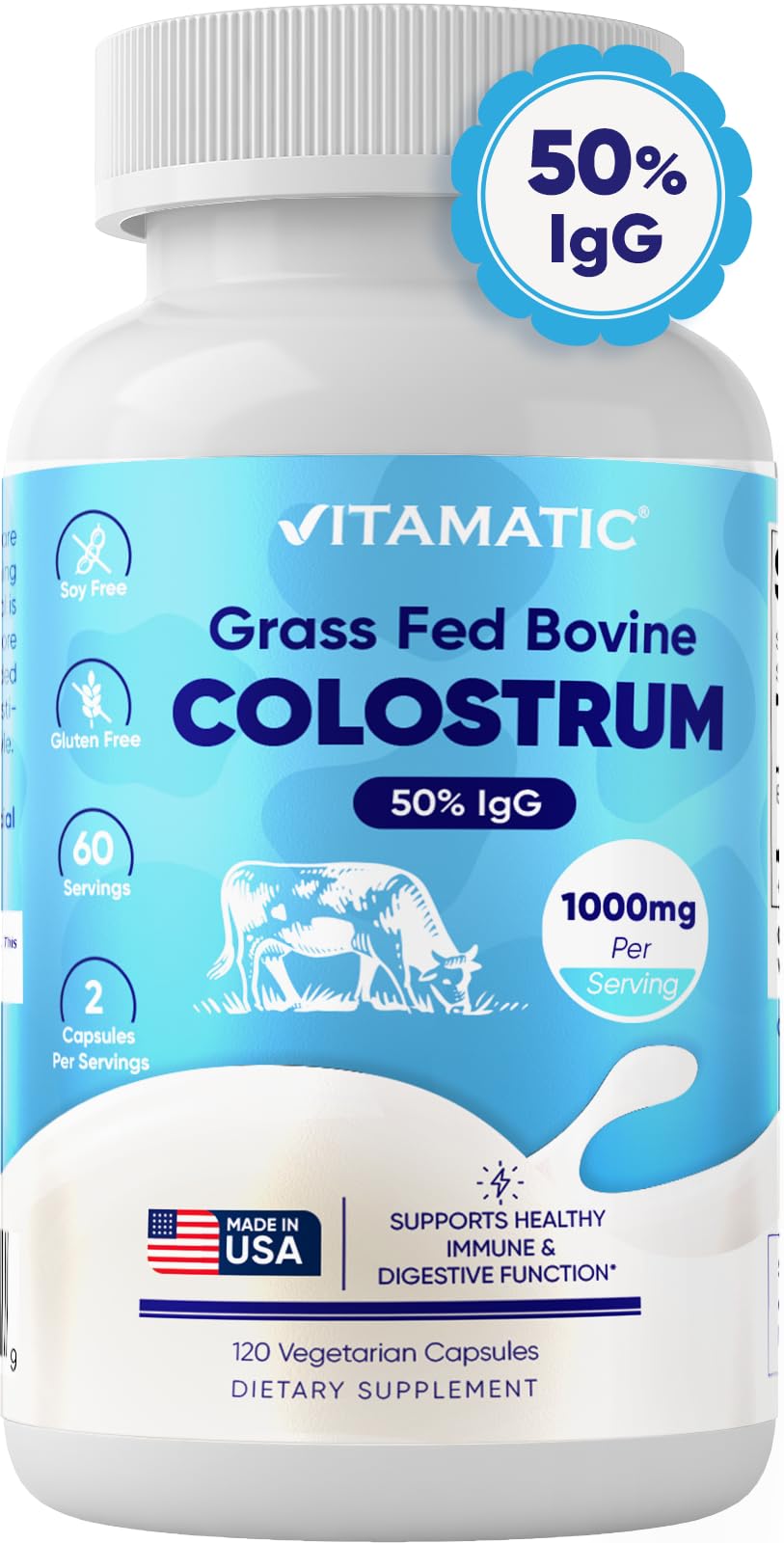 Vitamatic Bovine Colostrum Supplement 1000 mg per Serving - 50% Highest IgG - Supplement for Gut Health, Hair Growth, Beauty, Muscle Recovery, & Immune Support - 120 Capsules - dailyvitalstore