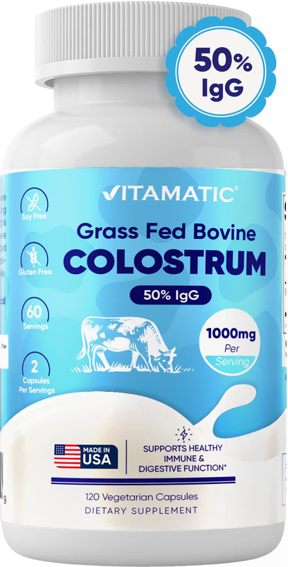 Vitamatic Bovine Colostrum Supplement 1000 mg per Serving - 50% Highest IgG - Supplement for Gut Health, Hair Growth, Beauty, Muscle Recovery, & Immune Support - 120 Capsules - dailyvitalstore
