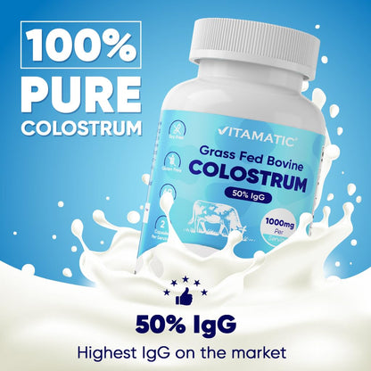 Vitamatic Bovine Colostrum Supplement 1000 mg per Serving - 50% Highest IgG - Supplement for Gut Health, Hair Growth, Beauty, Muscle Recovery, & Immune Support - 120 Capsules - 2 Pack - dailyvitalstore