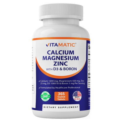 Vitamatic Calcium Magnesium Zinc D3 Boron | 365 Coated Tablets Supplement | Calcium 1200 mg, Magnesium 420mg, Zinc 25mg, Vitamin D3 1000 IU, Boron 1 mg | Non-GMO | Gluten Free | Made in USA - dailyvitalstore