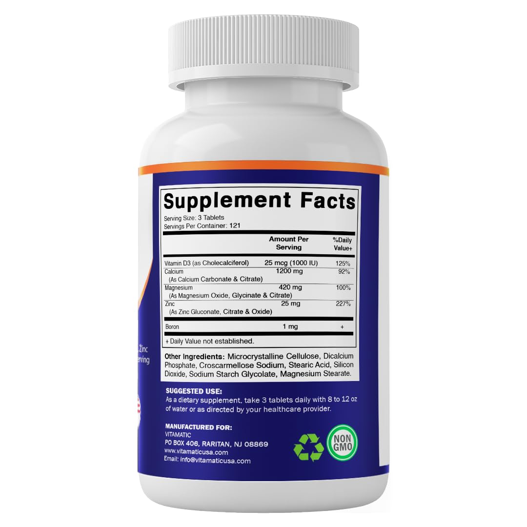 Vitamatic Calcium Magnesium Zinc D3 Boron | 365 Coated Tablets Supplement | Calcium 1200 mg, Magnesium 420mg, Zinc 25mg, Vitamin D3 1000 IU, Boron 1 mg | Non-GMO | Gluten Free | Made in USA - dailyvitalstore