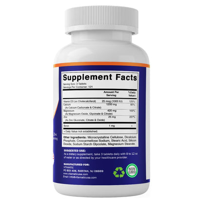 Vitamatic Calcium Magnesium Zinc D3 Boron | 365 Coated Tablets Supplement | Calcium 1200 mg, Magnesium 420mg, Zinc 25mg, Vitamin D3 1000 IU, Boron 1 mg | Non-GMO | Gluten Free | Made in USA - dailyvitalstore