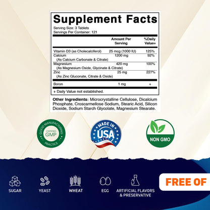 Vitamatic Calcium Magnesium Zinc D3 Boron | 365 Coated Tablets Supplement | Calcium 1200 mg, Magnesium 420mg, Zinc 25mg, Vitamin D3 1000 IU, Boron 1 mg | Non-GMO | Gluten Free | Made in USA - dailyvitalstore