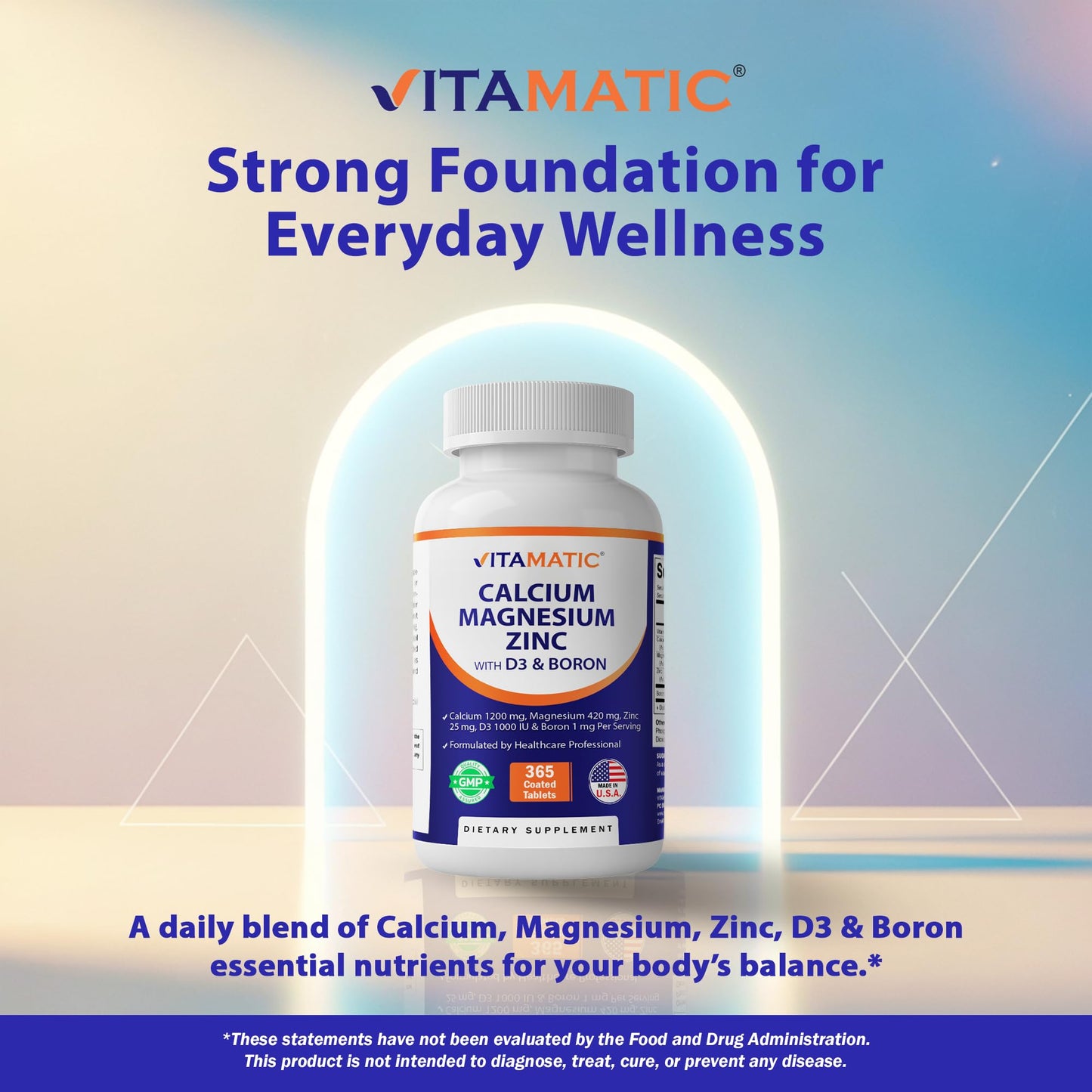 Vitamatic Calcium Magnesium Zinc D3 Boron | 365 Coated Tablets Supplement | Calcium 1200 mg, Magnesium 420mg, Zinc 25mg, Vitamin D3 1000 IU, Boron 1 mg | Non-GMO | Gluten Free | Made in USA - dailyvitalstore