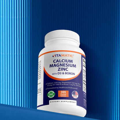 Vitamatic Calcium Magnesium Zinc D3 Boron | 365 Coated Tablets Supplement | Calcium 1200 mg, Magnesium 420mg, Zinc 25mg, Vitamin D3 1000 IU, Boron 1 mg | Non-GMO | Gluten Free | Made in USA - dailyvitalstore