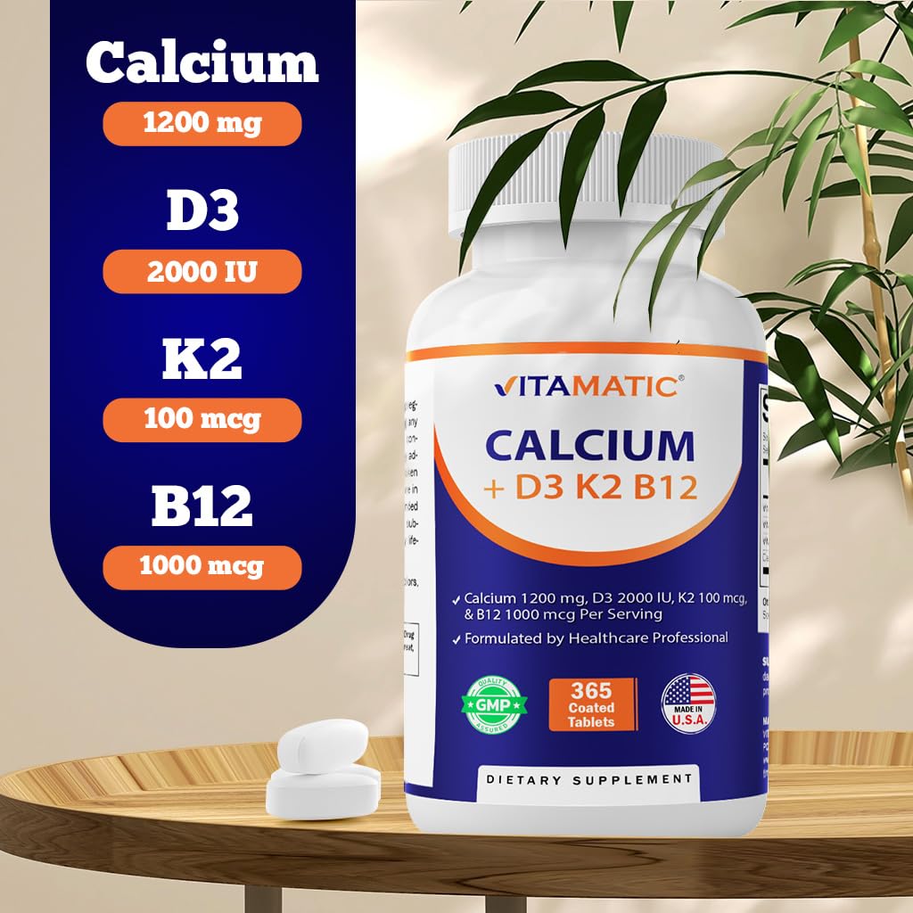 Vitamatic Calcium Supplement 1200mg with D3, K2 & B12, Immune & Bone Health Support - 365 Coated Tablets - dailyvitalstore