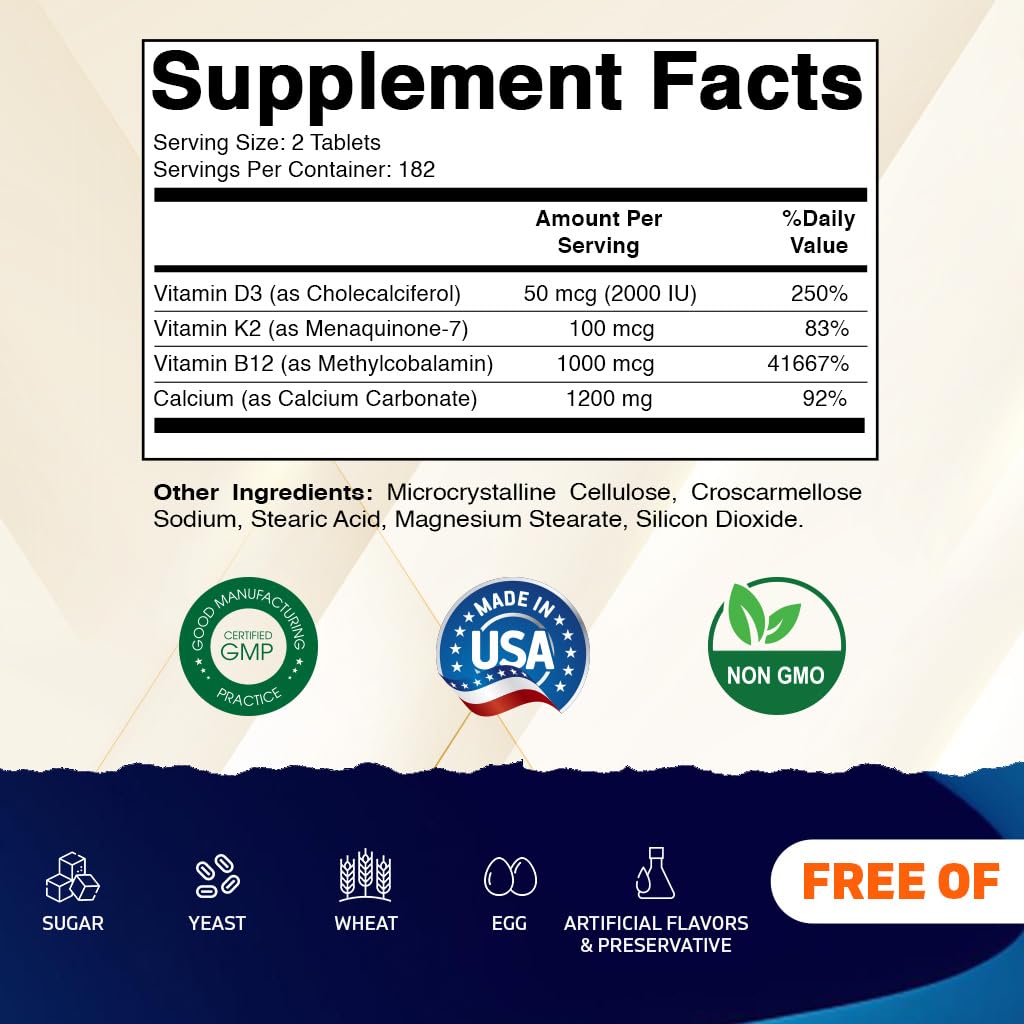 Vitamatic Calcium Supplement 1200mg with D3, K2 & B12, Immune & Bone Health Support - 365 Coated Tablets - dailyvitalstore