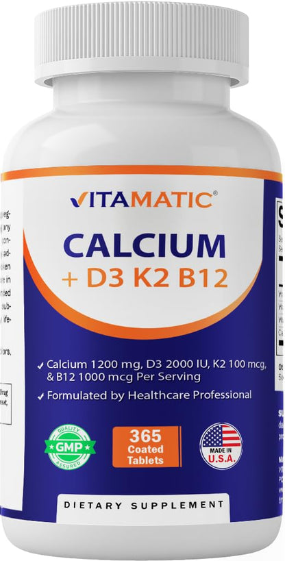 Vitamatic Calcium Supplement 1200mg with D3, K2 & B12, Immune & Bone Health Support - 365 Coated Tablets - dailyvitalstore