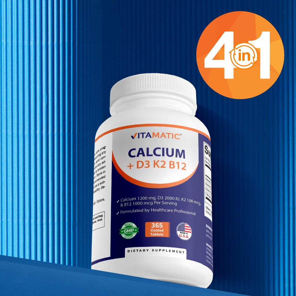 Vitamatic Calcium Supplement 1200mg with D3, K2 & B12, Immune & Bone Health Support - 365 Coated Tablets - dailyvitalstore