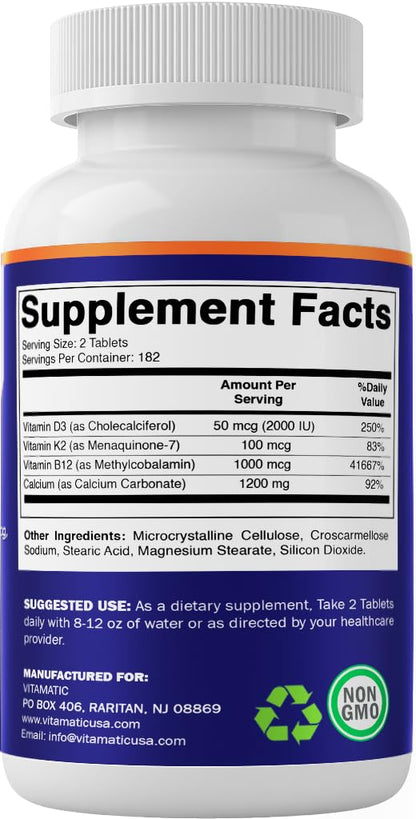 Vitamatic Calcium Supplement 1200mg with D3, K2 & B12, Immune & Bone Health Support - 365 Coated Tablets - dailyvitalstore