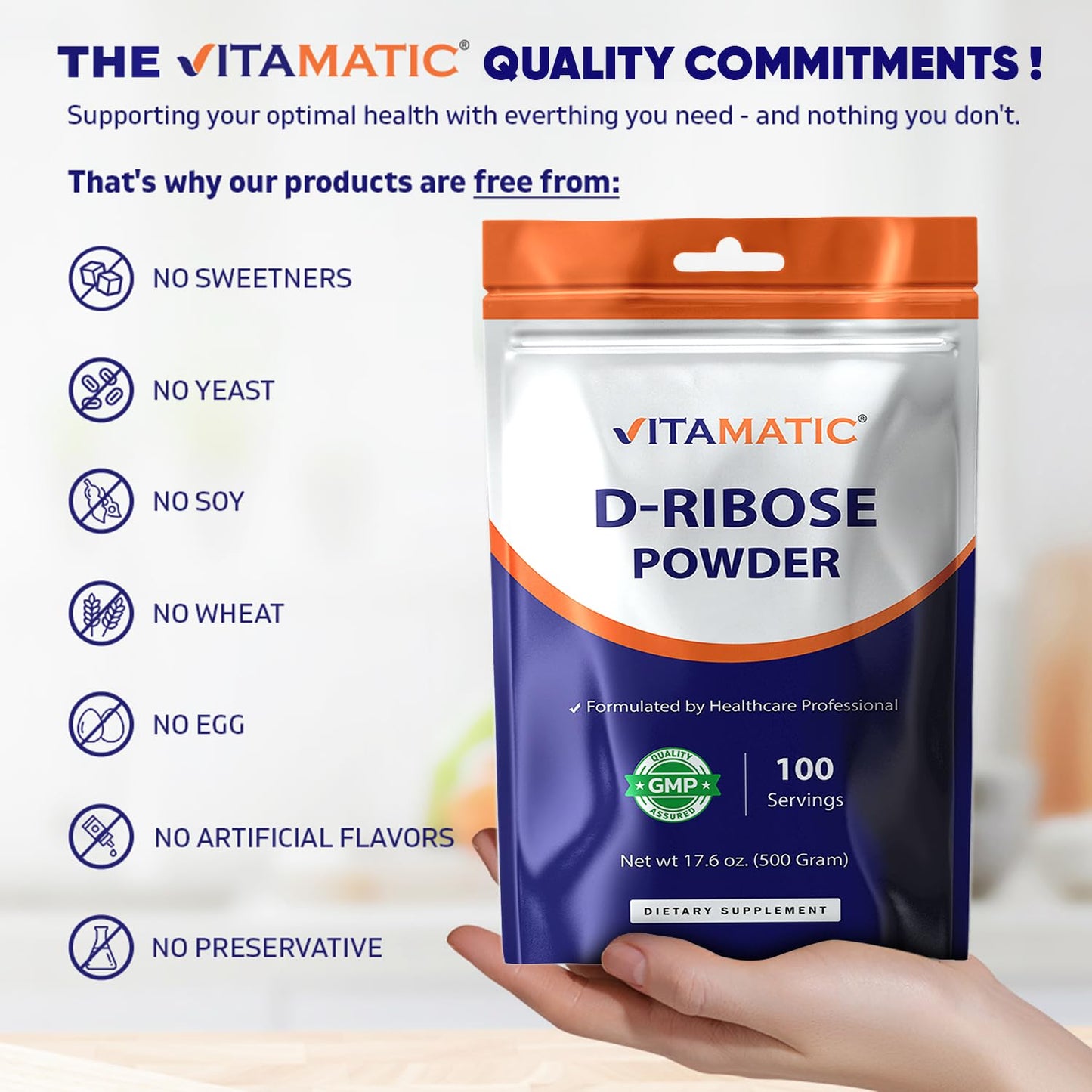 Vitamatic D-Ribose Powder 500g - 17.6 OZ (500 Gram) | Pure & Unflavored | Non-GMO | Easy-Mix Dietary Supplement - dailyvitalstore