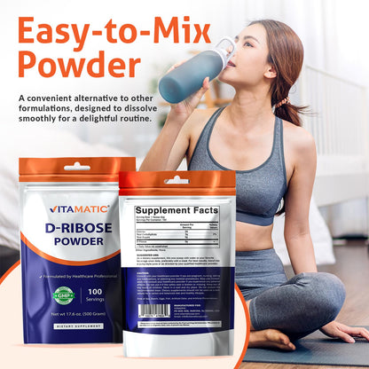 Vitamatic D-Ribose Powder 500g - 17.6 OZ (500 Gram) | Pure & Unflavored | Non-GMO | Easy-Mix Dietary Supplement - dailyvitalstore