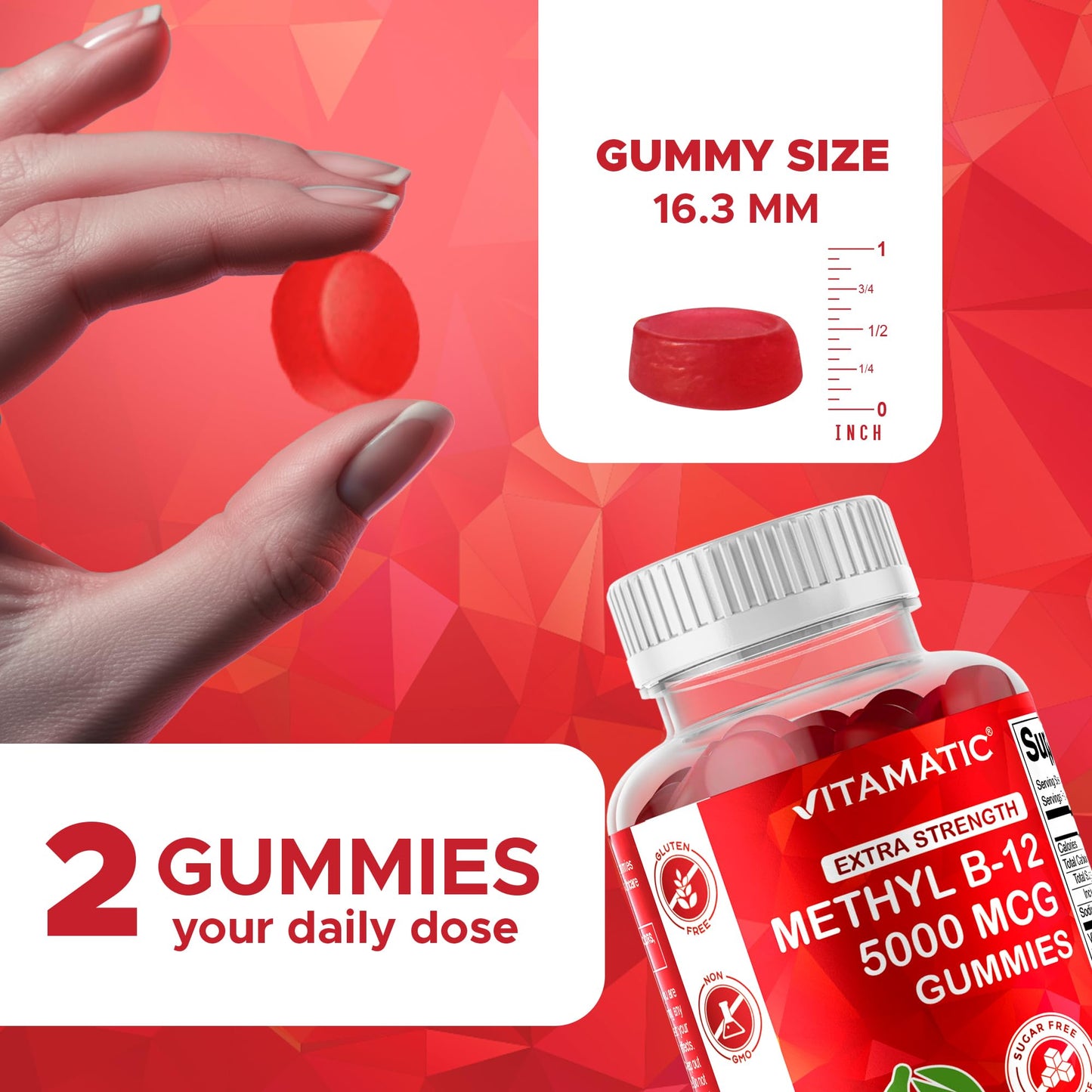 Vitamatic Extra Strength Vitamin B12 5000 mcg (Methyl B12) Gummies - 120 Count - Energy Metabolism Support and Nervous - dailyvitalstore