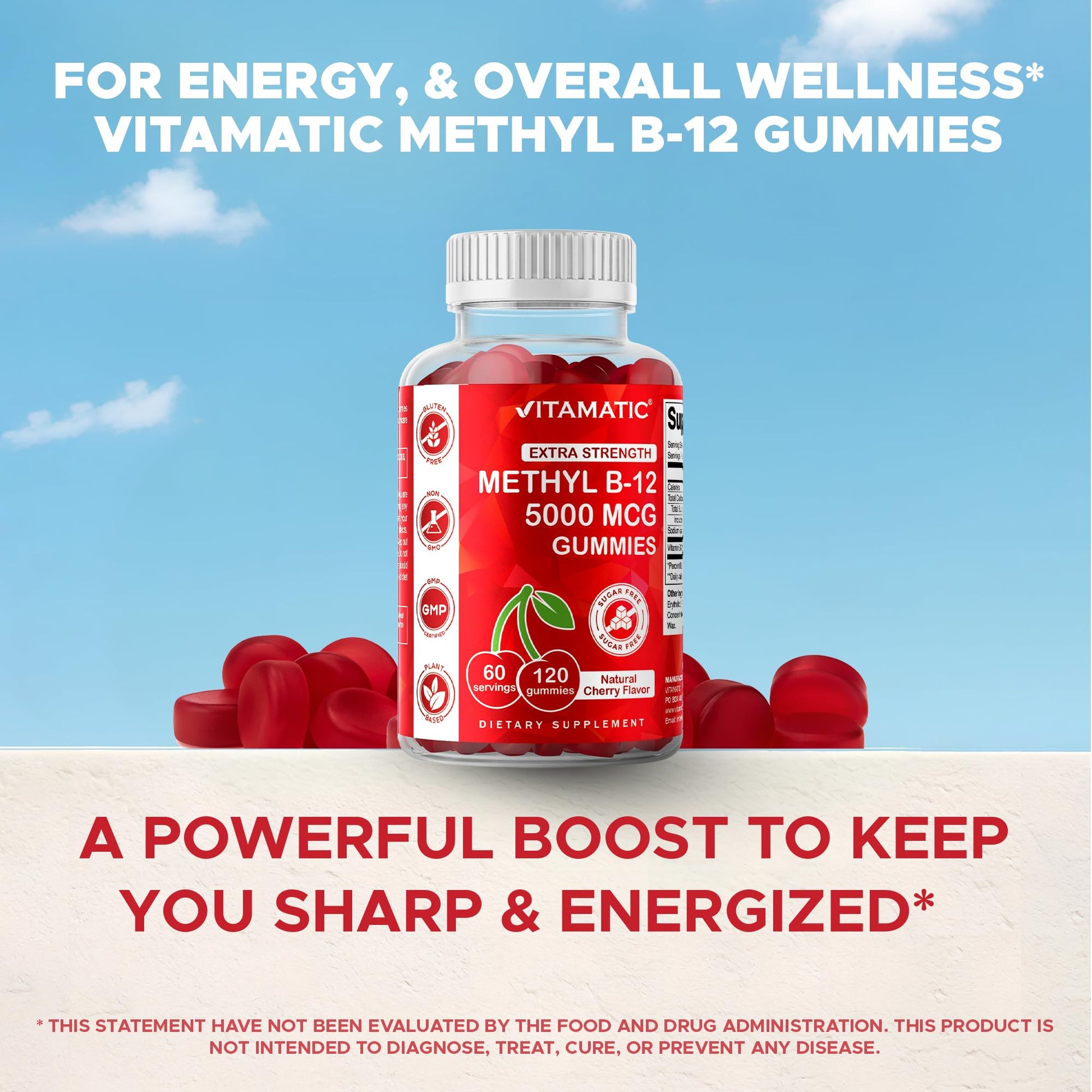 Vitamatic Extra Strength Vitamin B12 5000 mcg (Methyl B12) Gummies - 120 Count - Energy Metabolism Support and Nervous - dailyvitalstore
