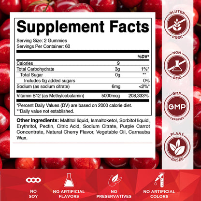 Vitamatic Extra Strength Vitamin B12 5000 mcg (Methyl B12) Gummies - 120 Count - Energy Metabolism Support and Nervous - dailyvitalstore