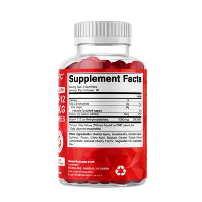 Vitamatic Extra Strength Vitamin B12 5000 mcg (Methyl B12) Gummies - 120 Count - Energy Metabolism Support and Nervous - dailyvitalstore