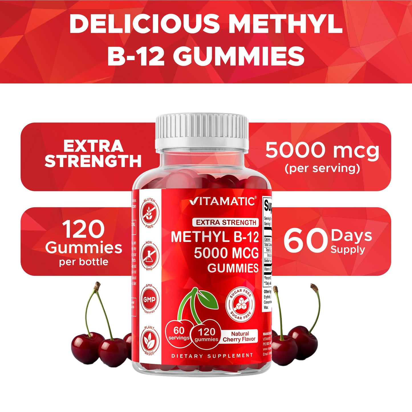Vitamatic Extra Strength Vitamin B12 5000 mcg (Methyl B12) Gummies - 120 Count - Energy Metabolism Support and Nervous - dailyvitalstore