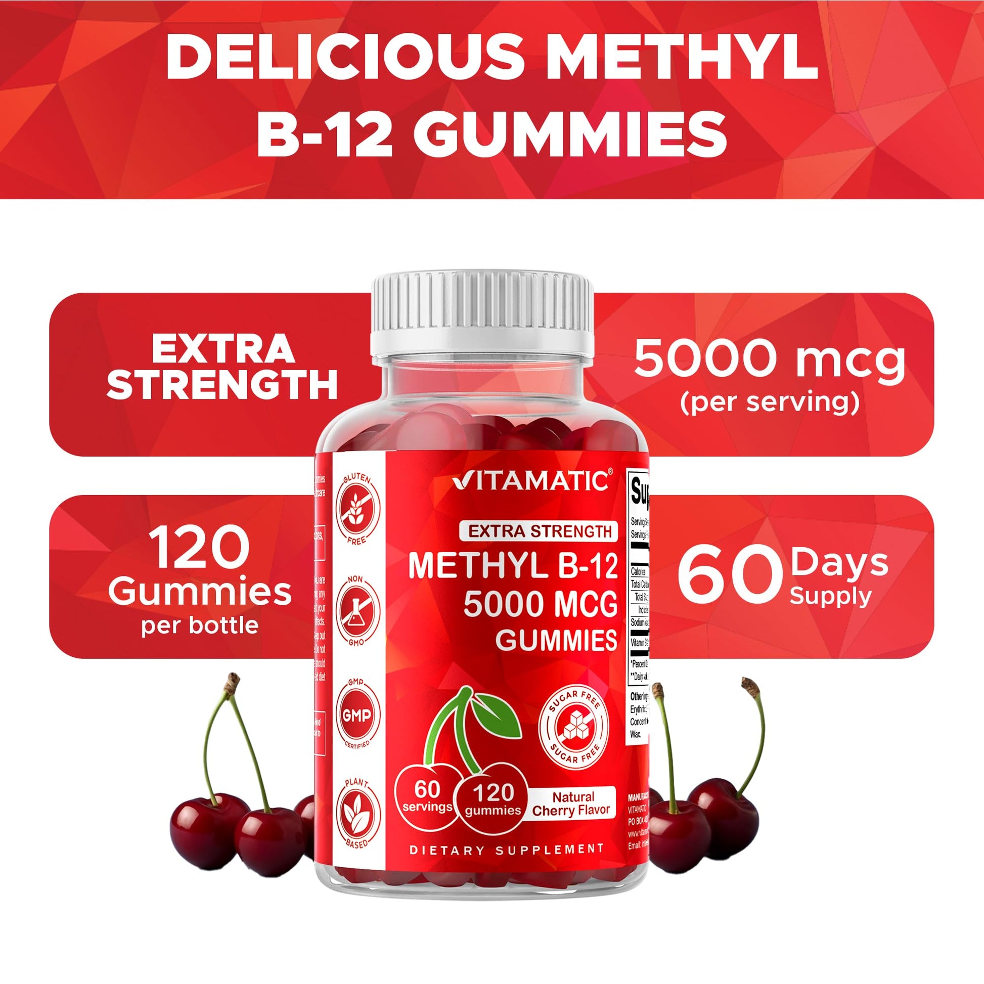 Vitamatic Extra Strength Vitamin B12 5000 mcg (Methyl B12) Gummies - 120 Count - Energy Metabolism Support and Nervous - dailyvitalstore