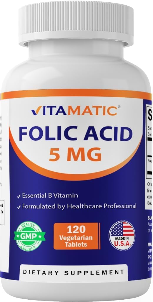 Vitamatic Folic Acid 5mg (5000 mcg) – 120 Vegetarian Tablets High Potency Vitamin B9 (Folate) for Cellular Health - dailyvitalstore