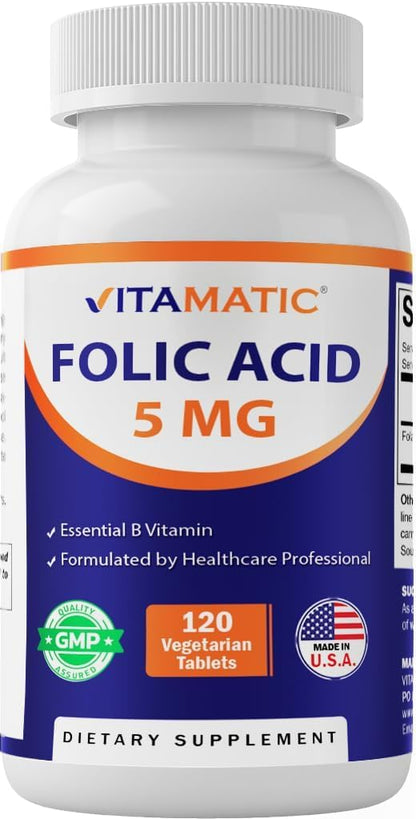 Vitamatic Folic Acid 5mg (5000 mcg) – 120 Vegetarian Tablets High Potency Vitamin B9 (Folate) for Cellular Health - dailyvitalstore