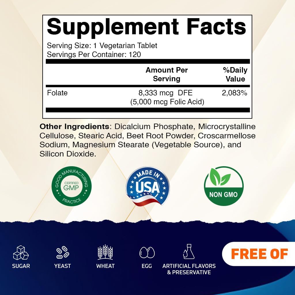 Vitamatic Folic Acid 5mg (5000 mcg) – 120 Vegetarian Tablets High Potency Vitamin B9 (Folate) for Cellular Health - dailyvitalstore