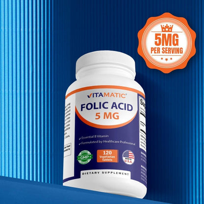 Vitamatic Folic Acid 5mg (5000 mcg) – 120 Vegetarian Tablets High Potency Vitamin B9 (Folate) for Cellular Health - dailyvitalstore