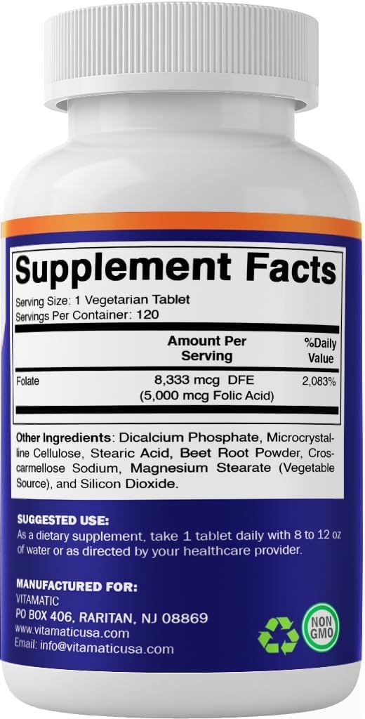 Vitamatic Folic Acid 5mg (5000 mcg) – 120 Vegetarian Tablets High Potency Vitamin B9 (Folate) for Cellular Health - dailyvitalstore