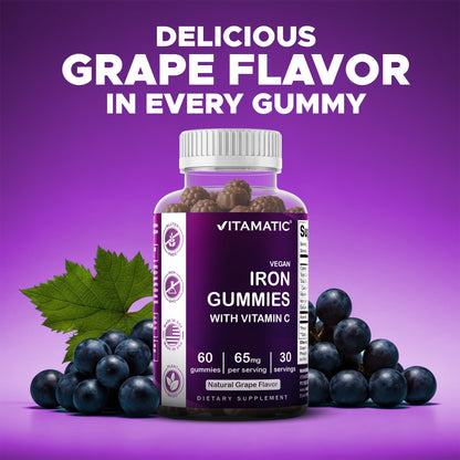 Vitamatic Iron 65 mg Gummies Supplement for Women & Men - 60 Vegan Gummies - Great Tasting Iron Gummy Vitamins with Vitamin C (1) - dailyvitalstore