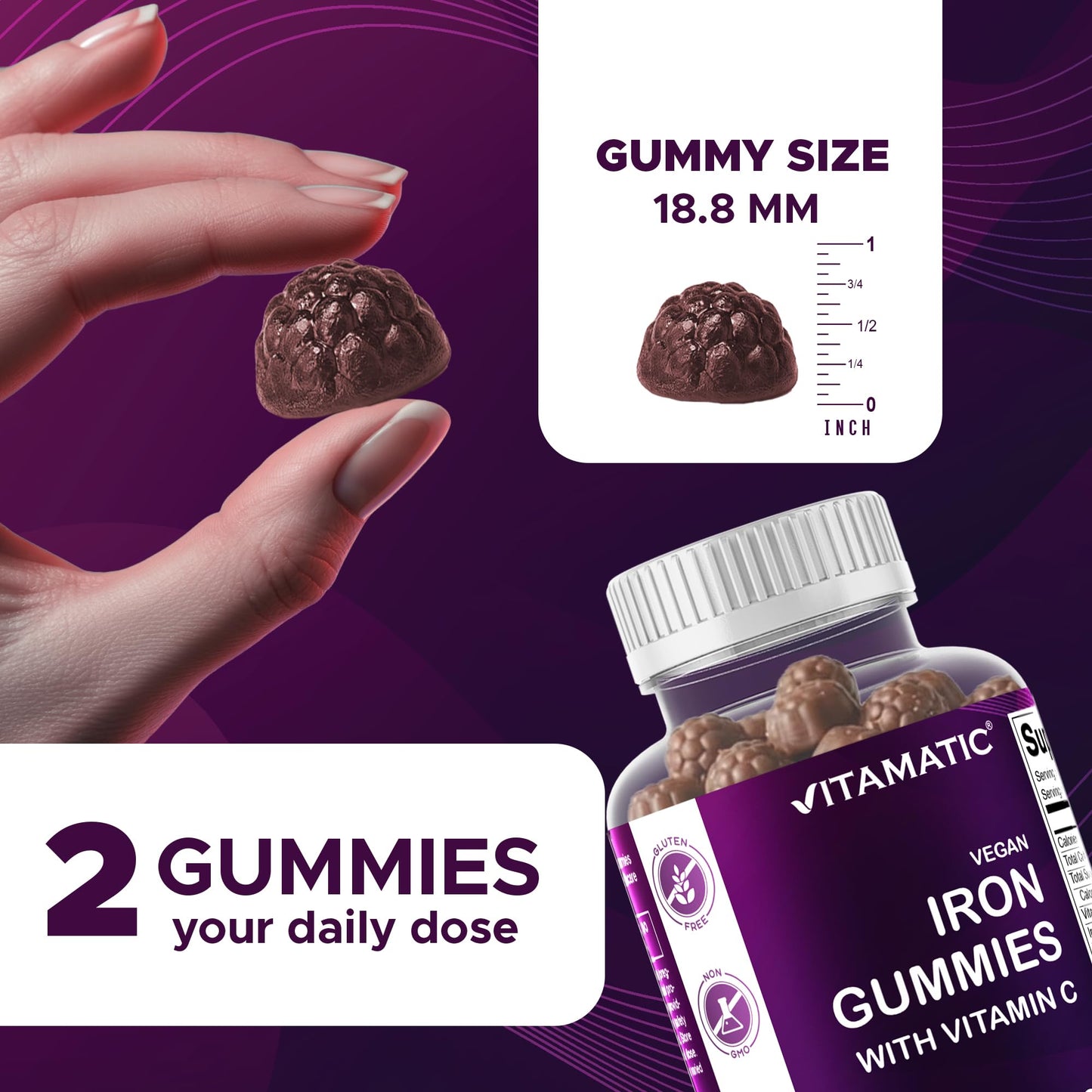 Vitamatic Iron 65 mg Gummies Supplement for Women & Men - 60 Vegan Gummies - Great Tasting Iron Gummy Vitamins with Vitamin C (1) - dailyvitalstore