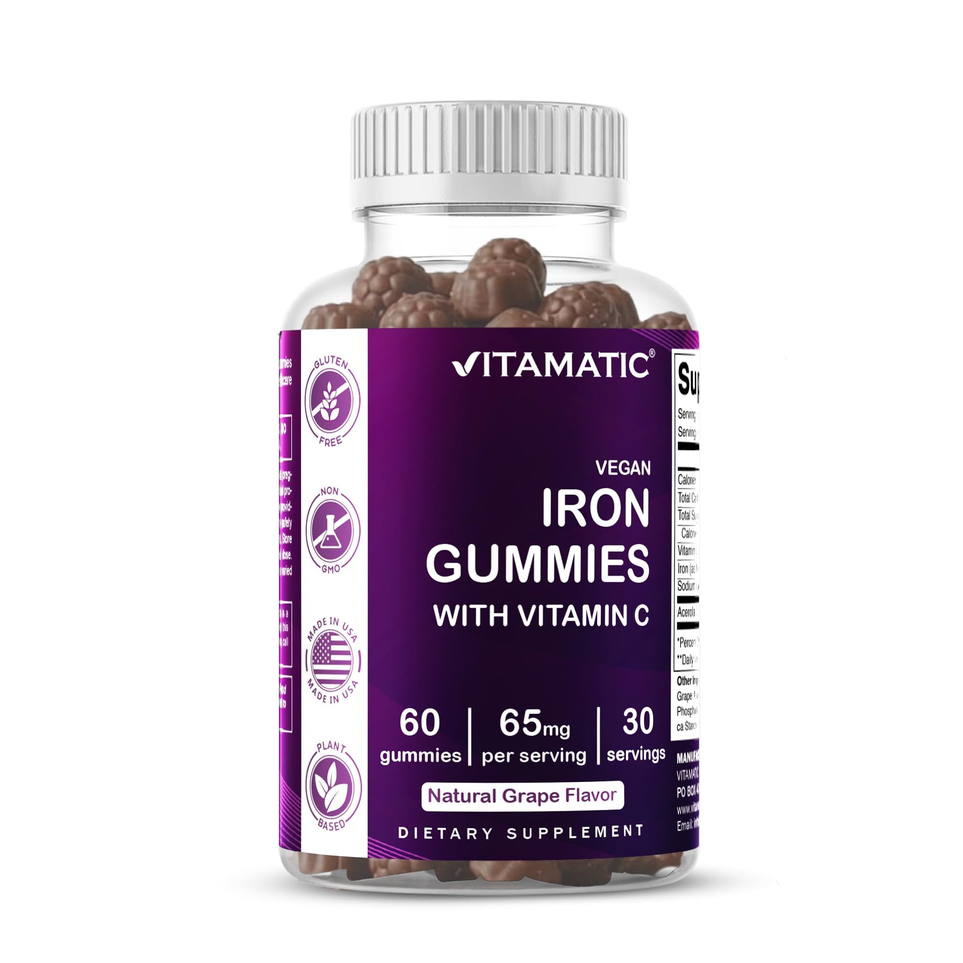 Vitamatic Iron 65 mg Gummies Supplement for Women & Men - 60 Vegan Gummies - Great Tasting Iron Gummy Vitamins with Vitamin C (1) - dailyvitalstore