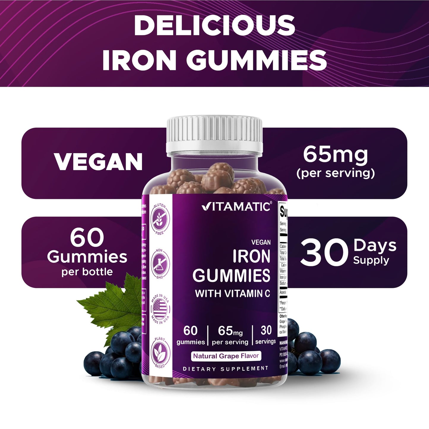 Vitamatic Iron 65 mg Gummies Supplement for Women & Men - 60 Vegan Gummies - Great Tasting Iron Gummy Vitamins with Vitamin C (1) - dailyvitalstore