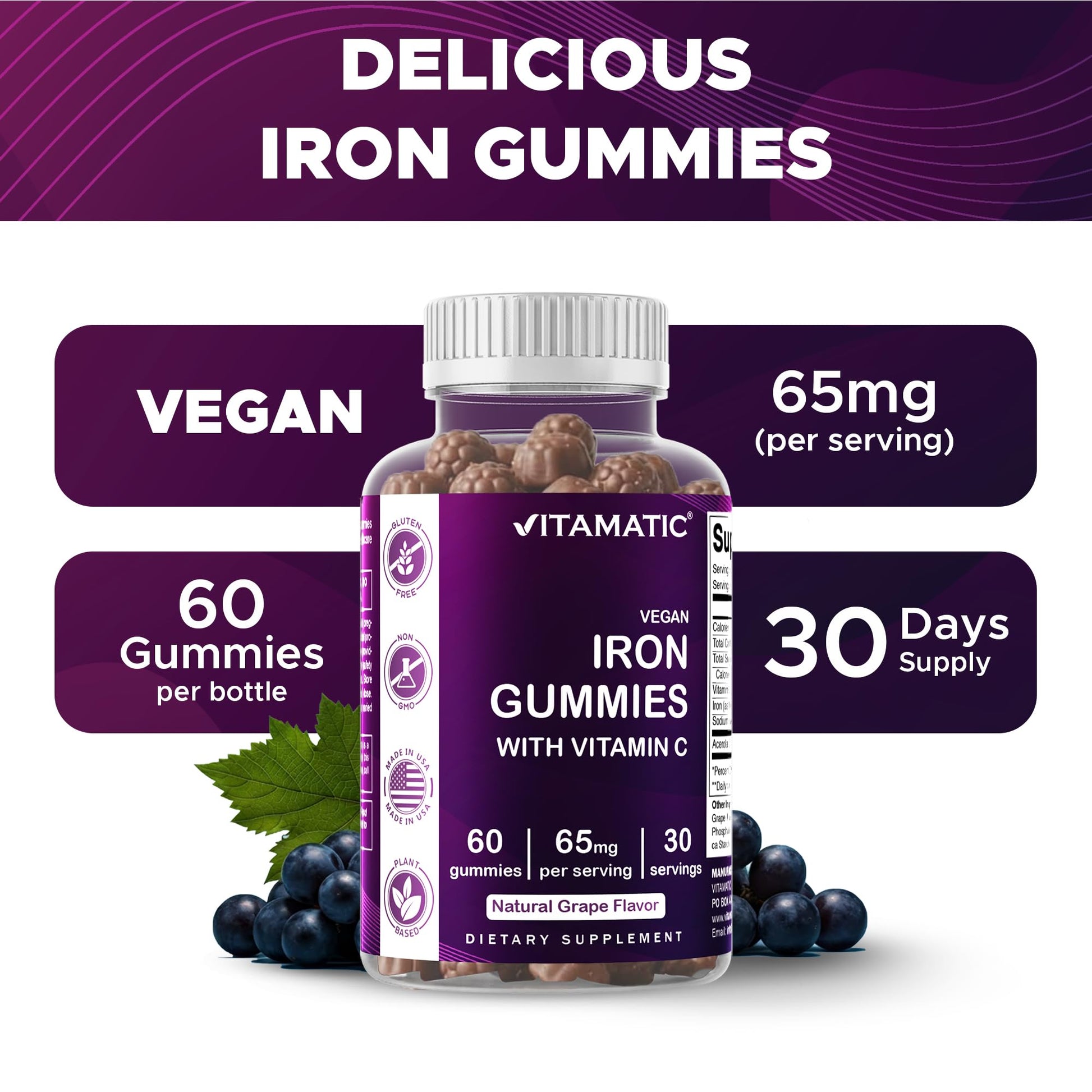 Vitamatic Iron 65 mg Gummies Supplement for Women & Men - 60 Vegan Gummies - Great Tasting Iron Gummy Vitamins with Vitamin C (1) - dailyvitalstore