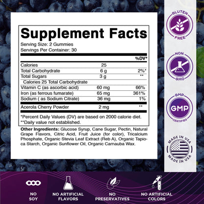 Vitamatic Iron 65 mg Gummies Supplement for Women & Men - 60 Vegan Gummies - Great Tasting Iron Gummy Vitamins with Vitamin C (1) - dailyvitalstore