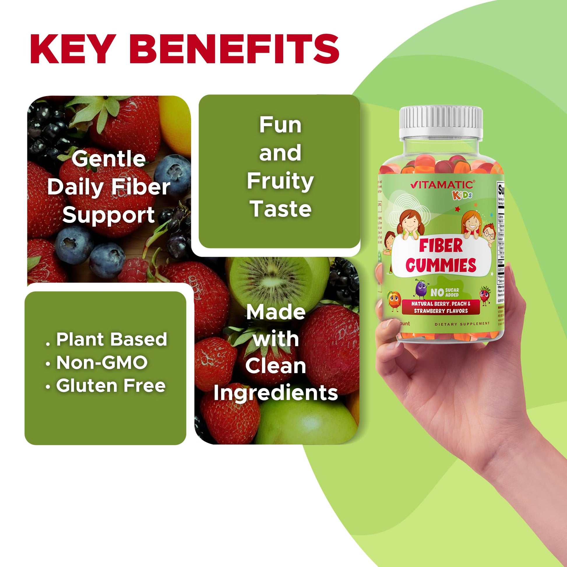 Vitamatic Kids Prebiotic Fiber Gummies – Extra Strength 4g Fiber – Zero Sugar Added – 60 Pectin-Based Gummies – Digestive Health & Regularity Support - dailyvitalstore