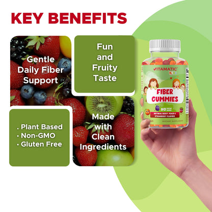 Vitamatic Kids Prebiotic Fiber Gummies – Extra Strength 4g Fiber – Zero Sugar Added – 60 Pectin-Based Gummies – Digestive Health & Regularity Support - dailyvitalstore