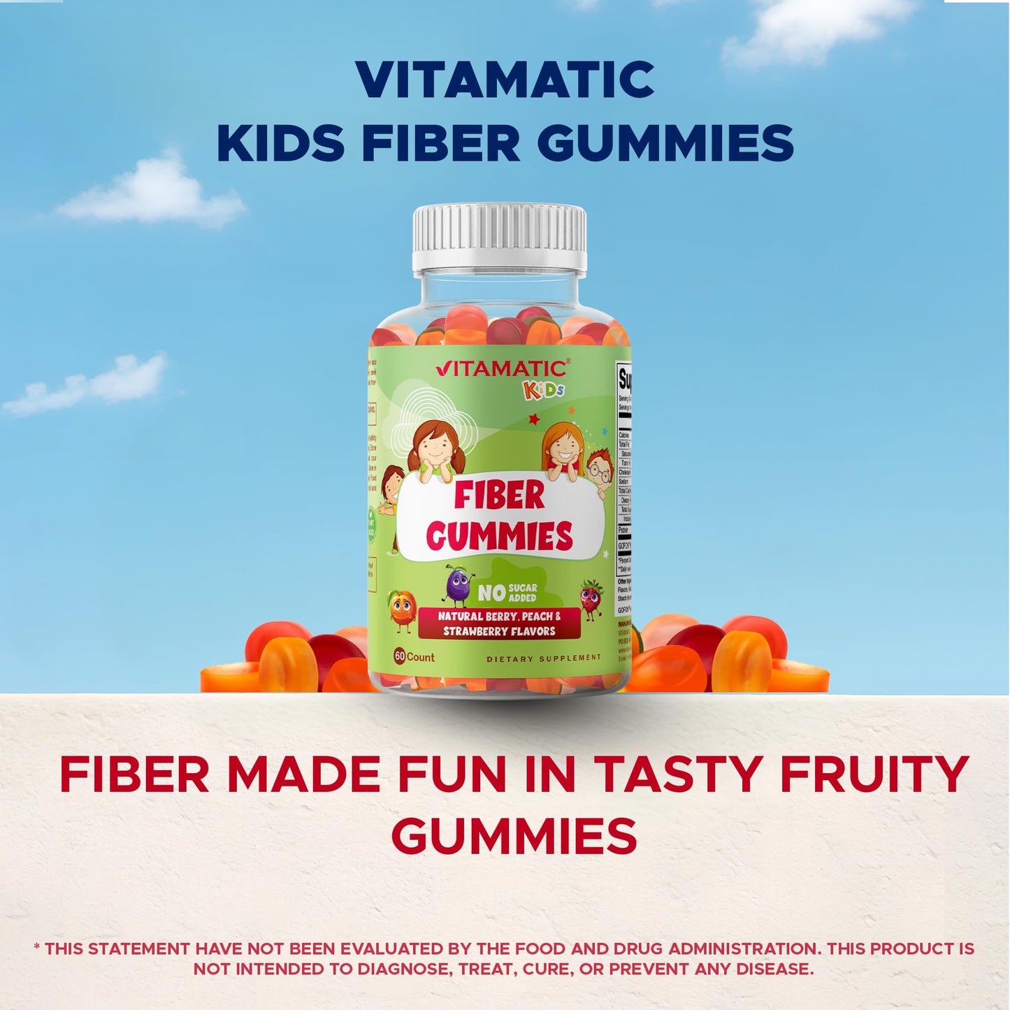 Vitamatic Kids Prebiotic Fiber Gummies – Extra Strength 4g Fiber – Zero Sugar Added – 60 Pectin-Based Gummies – Digestive Health & Regularity Support - dailyvitalstore